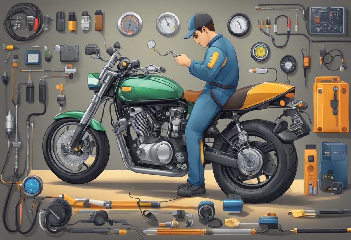 A motorcycle with a fuel gauge showing an error code P0460, surrounded by diagnostic tools and a technician troubleshooting the fuel level sensor circuit