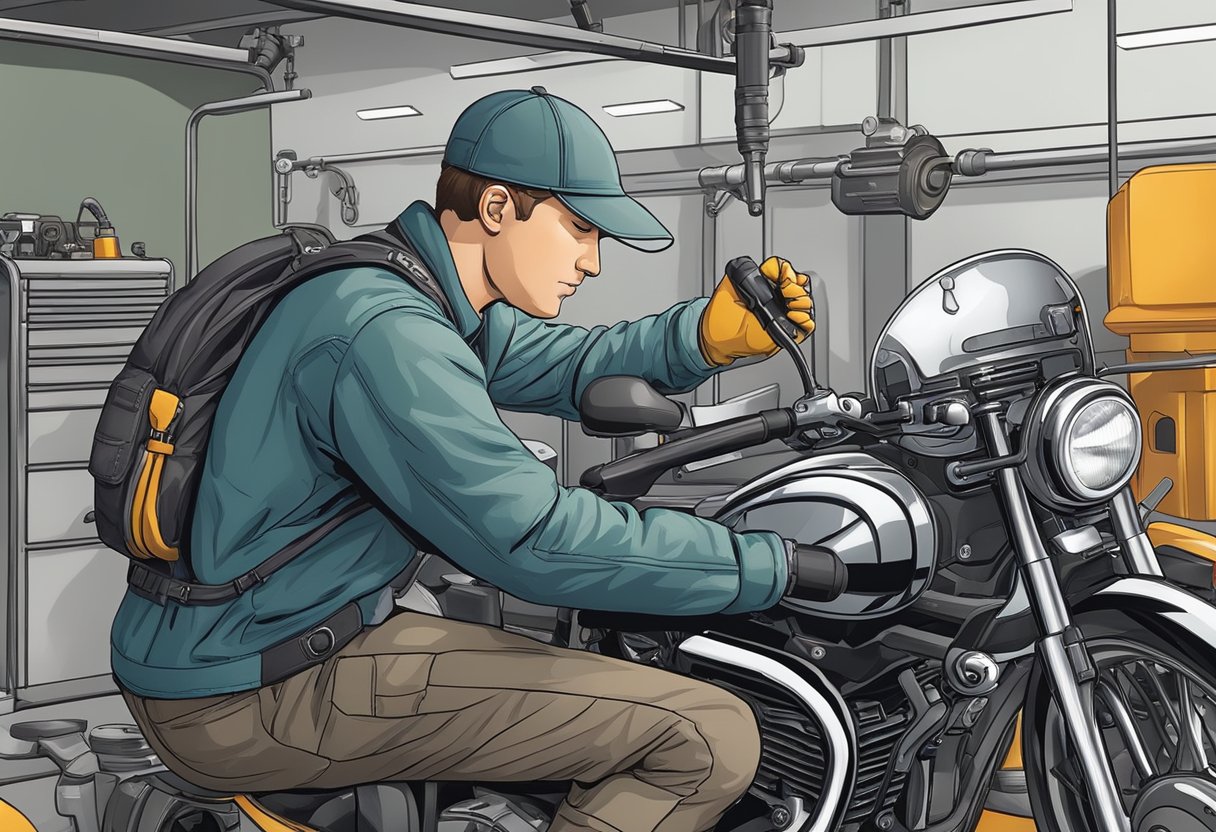 A mechanic diagnosing a motorcycle's EVAP system vent valve low error code with diagnostic tools and checking the valve for any malfunctions