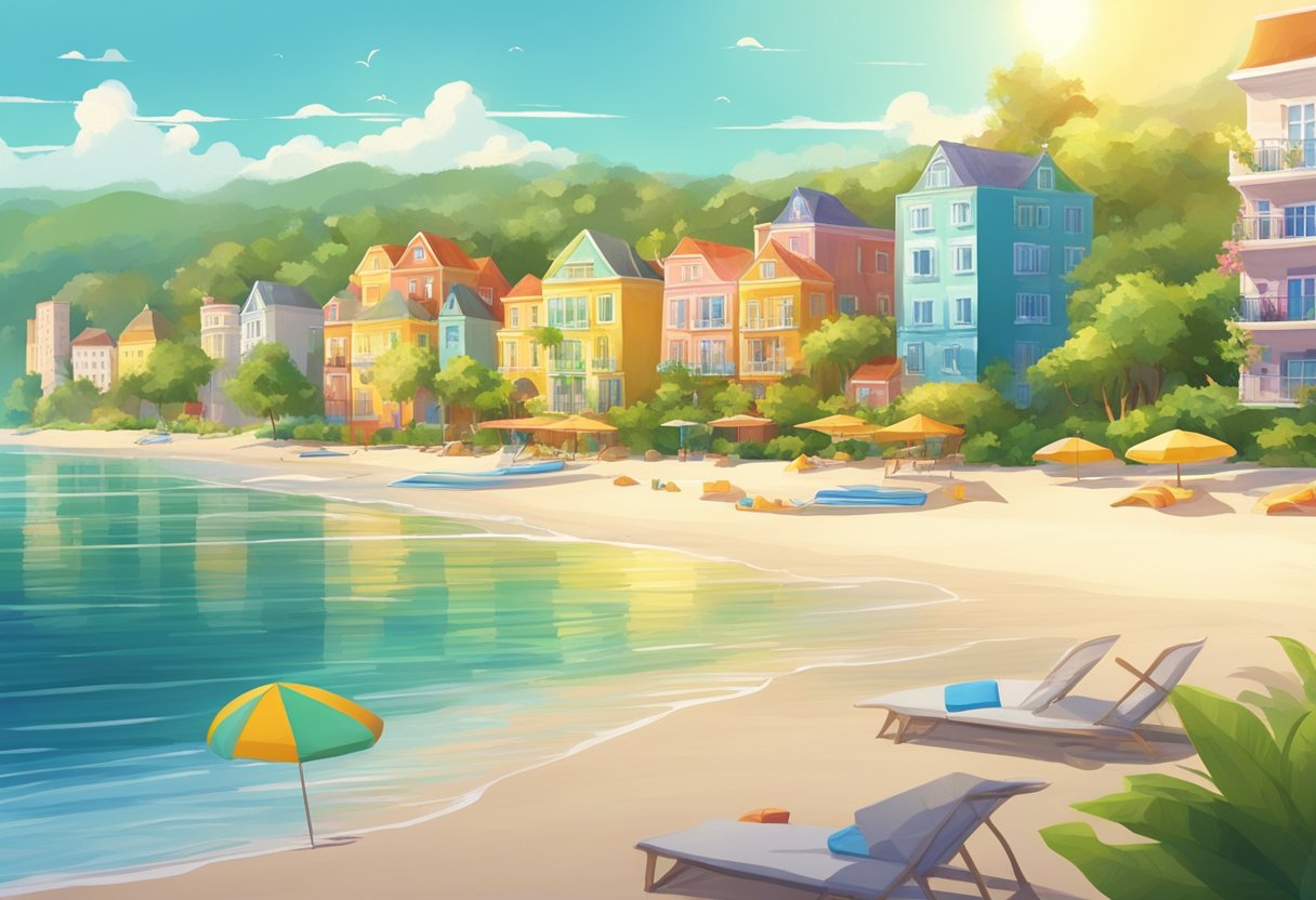 A sunny beach with calm waters, surrounded by colorful buildings and lush greenery. The sky is clear and the sun is shining, creating a perfect atmosphere for a relaxing vacation