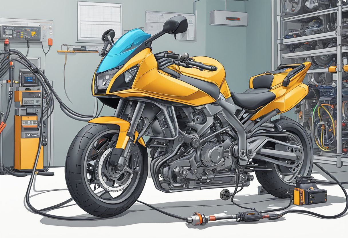 A motorcycle with diagnostic equipment connected to the EVAP system vent valve.

Wires and sensors are visible as the technician troubleshoots the P0498 error code