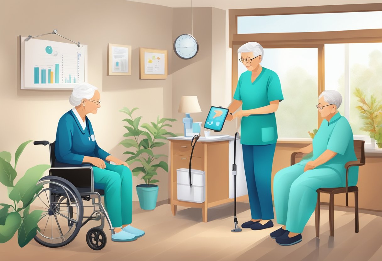 Elderly care setting with charts, medical equipment, and caregivers assisting residents