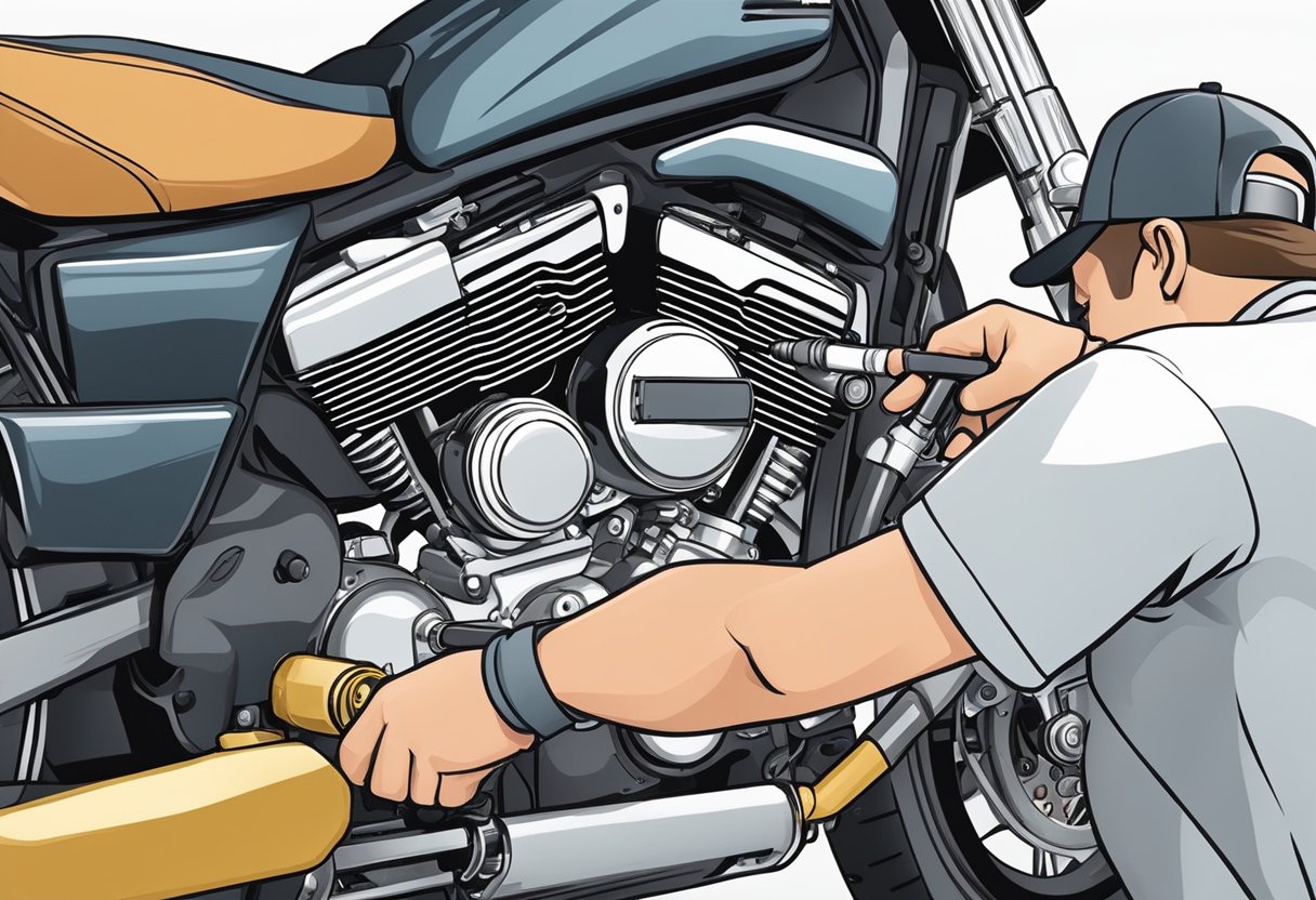 A mechanic inspecting motorcycle EVAP system with diagnostic tool and replacing vent valve