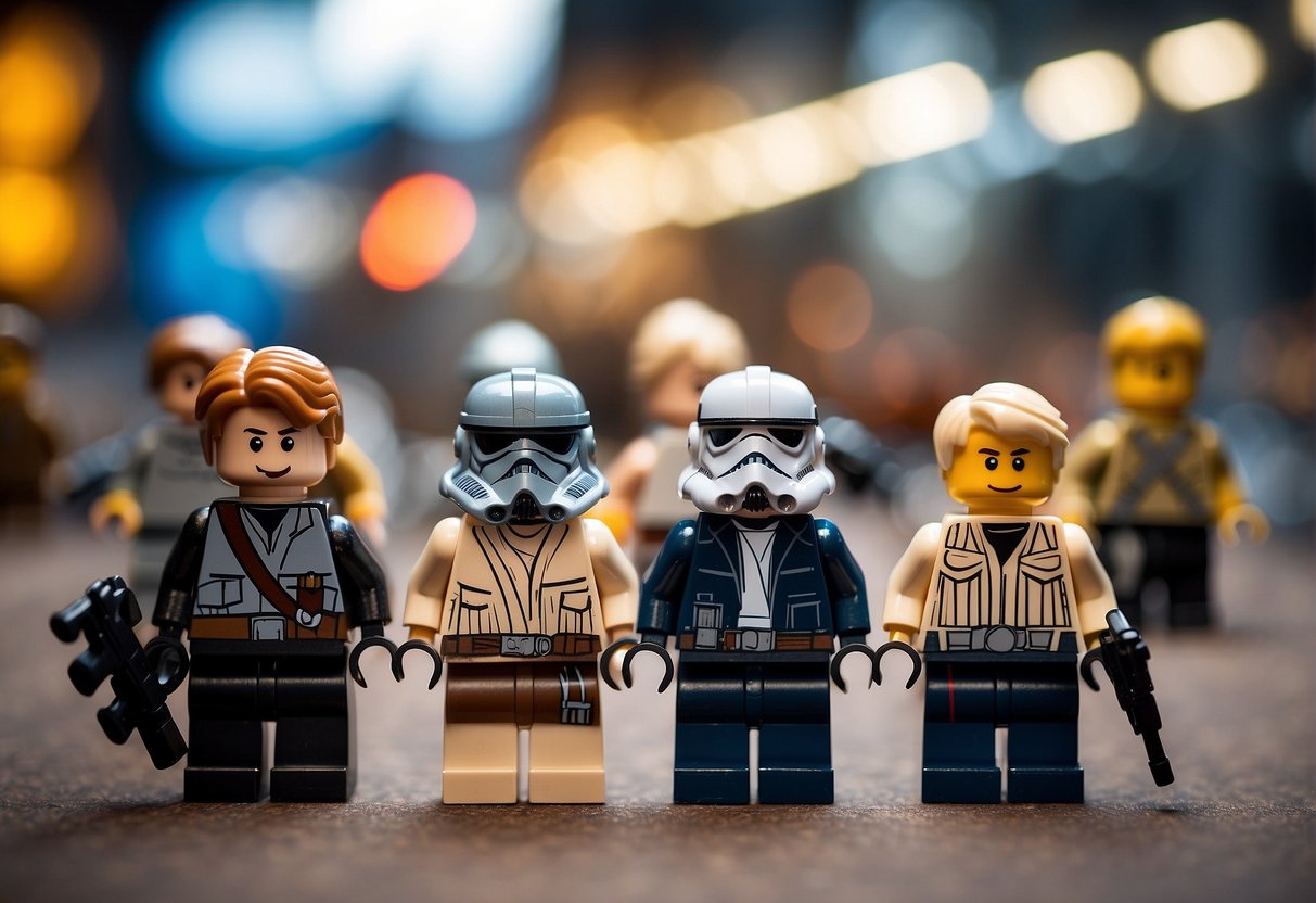 Lego Star Wars buildable figures displayed with FAQ signage