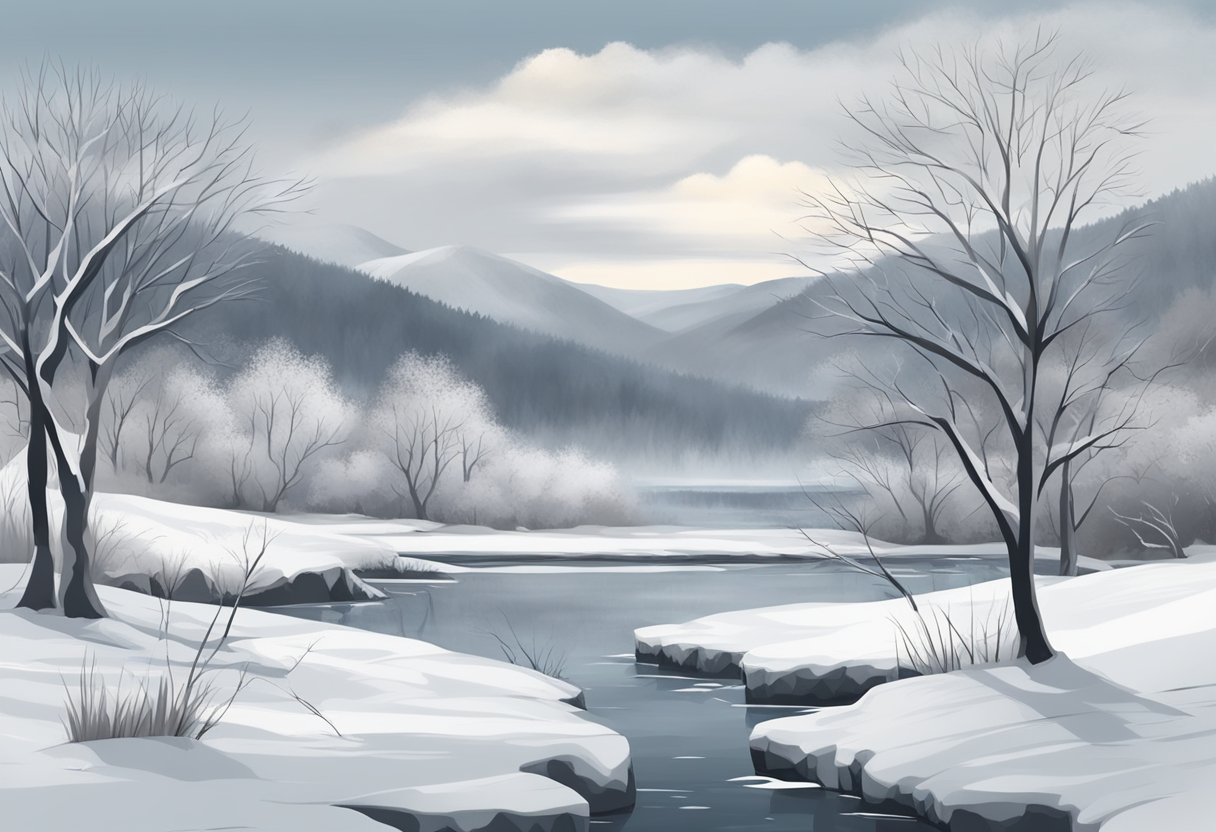 Snow-covered landscape with frozen lakes and bare trees. Gray skies and icy winds. Ideal for winter sports but challenging for outdoor activities