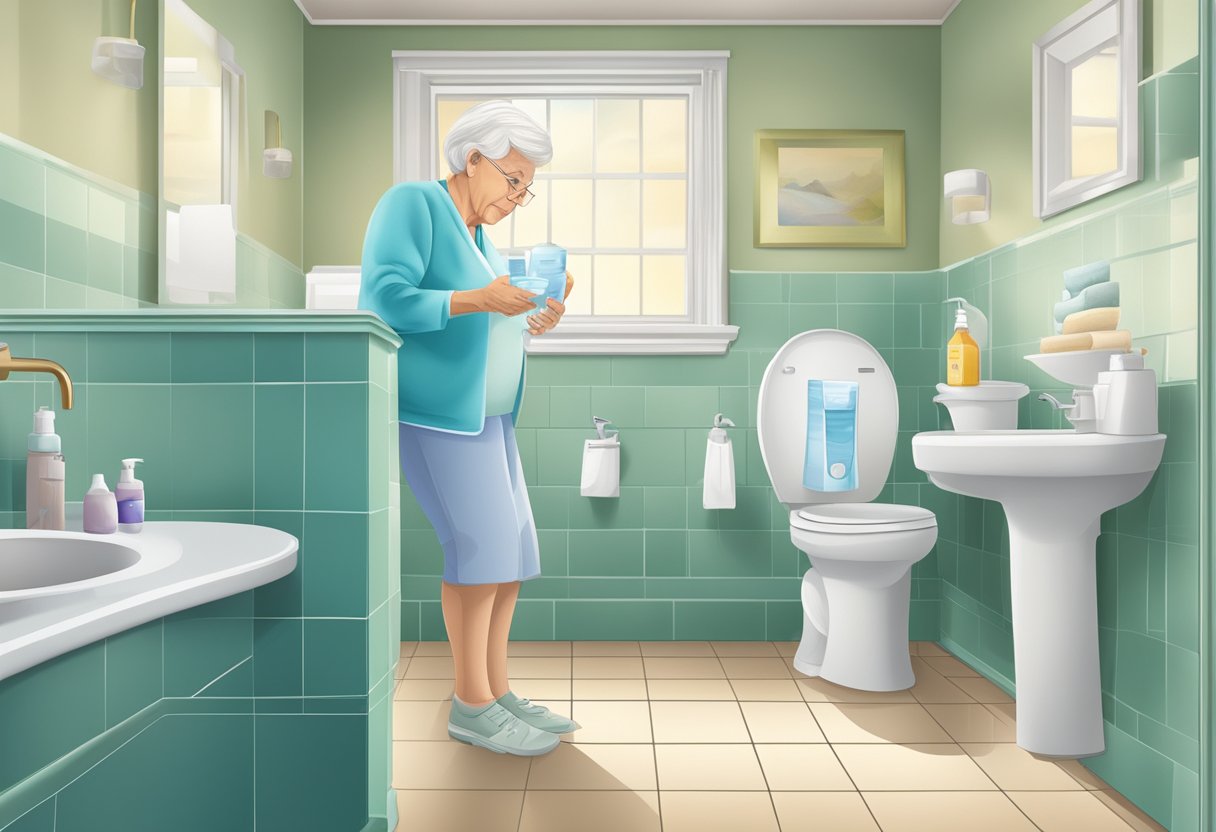 Elderly person with incontinence products in a bathroom setting