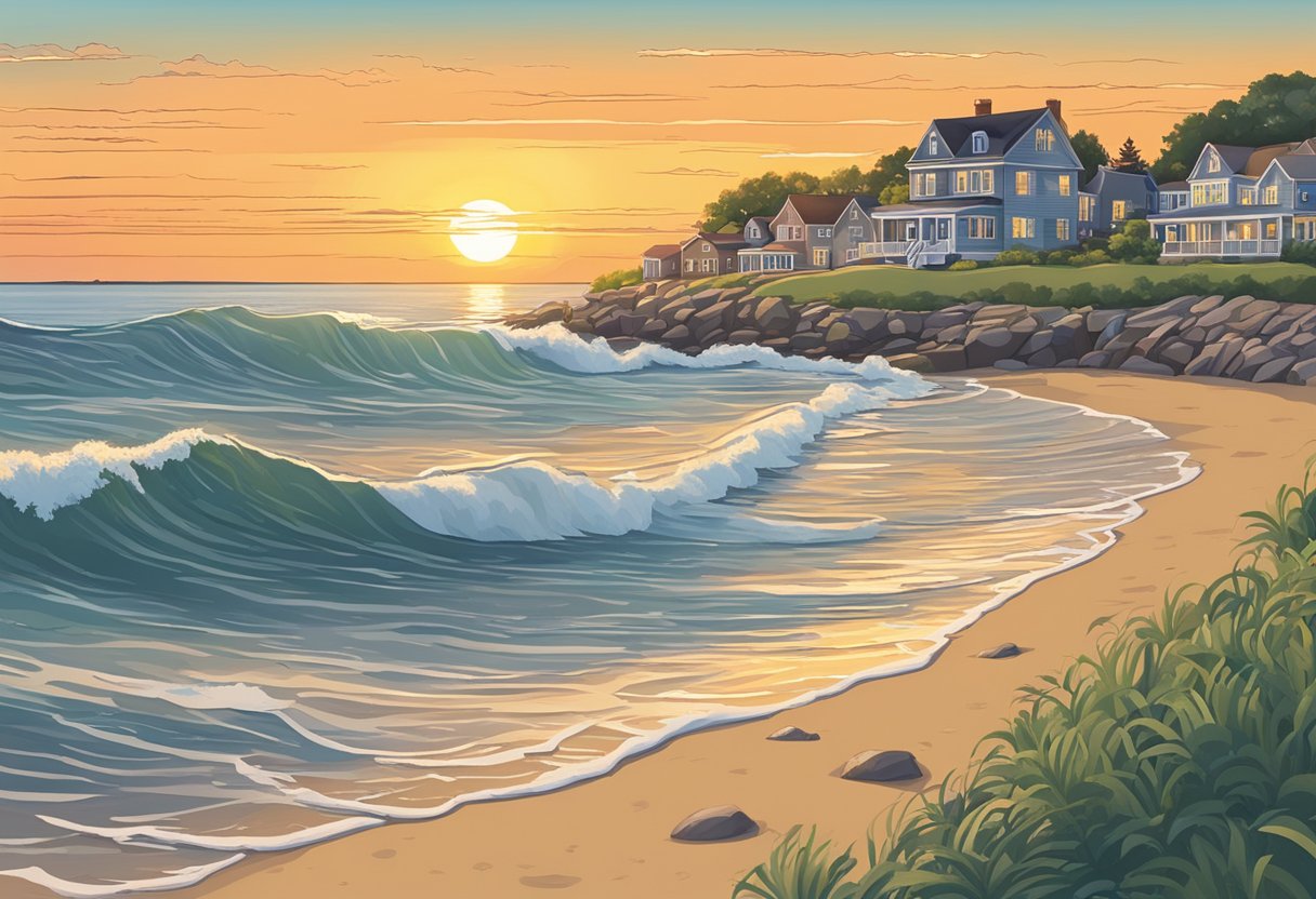 The sun sets over a serene Rhode Island coastline, with gentle waves lapping at the shore. A calendar displays the best and worst times to visit
