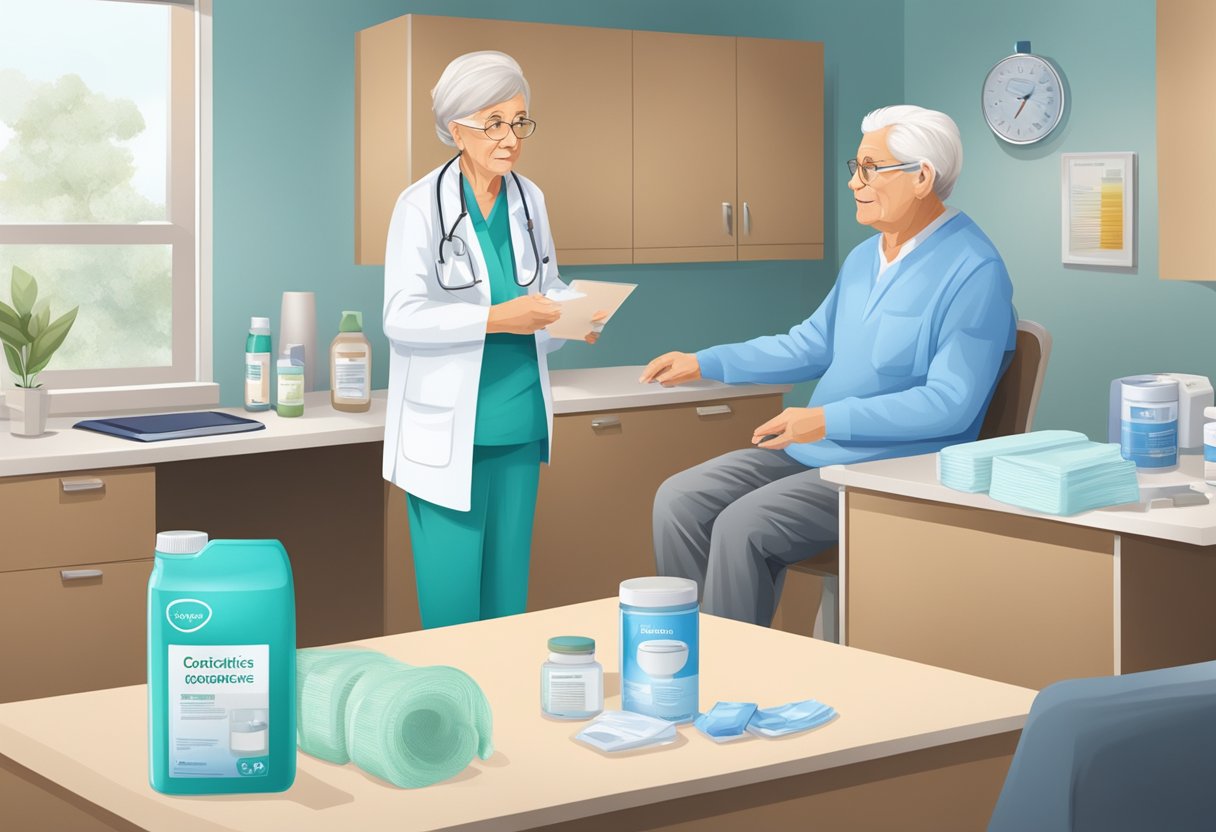 Elderly person with incontinence products, doctor's office, medical equipment, diagnostic tests