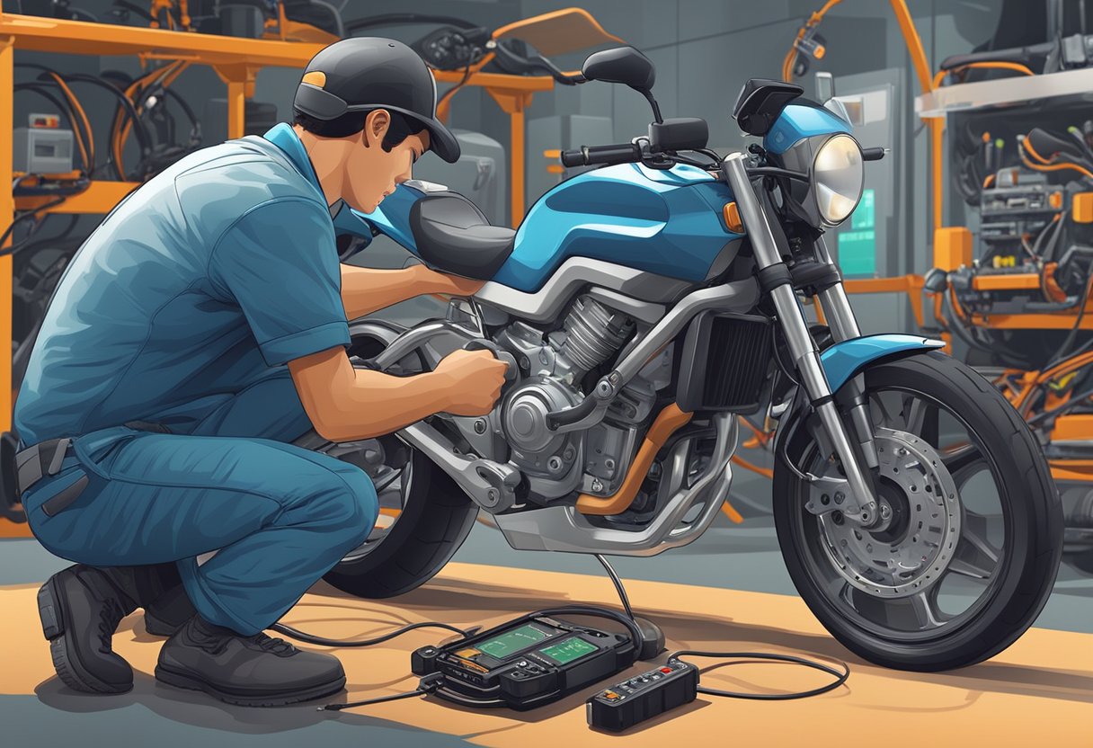 A motorcycle with a low voltage error code displayed on the dashboard, a multimeter connected to the battery, and a mechanic checking the electrical system