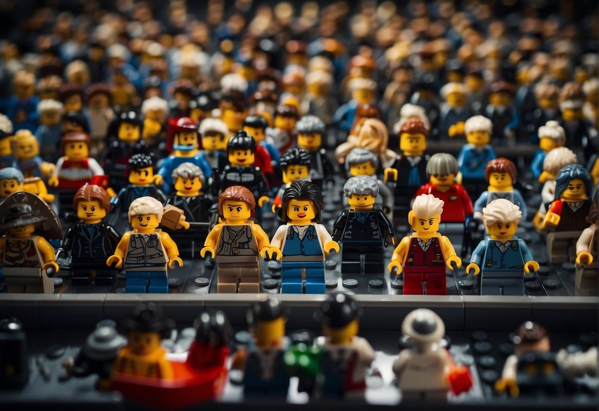 A display of Lego sets with numerous minifigures, including the set with the most minifigures, being unveiled