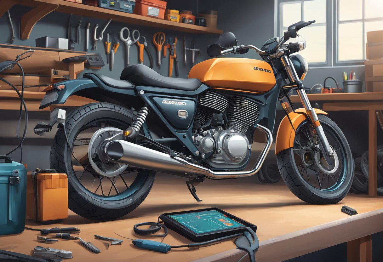 A motorcycle sits in a garage with a low voltage error code displayed on the dashboard.

Tools and a maintenance manual are scattered nearby
