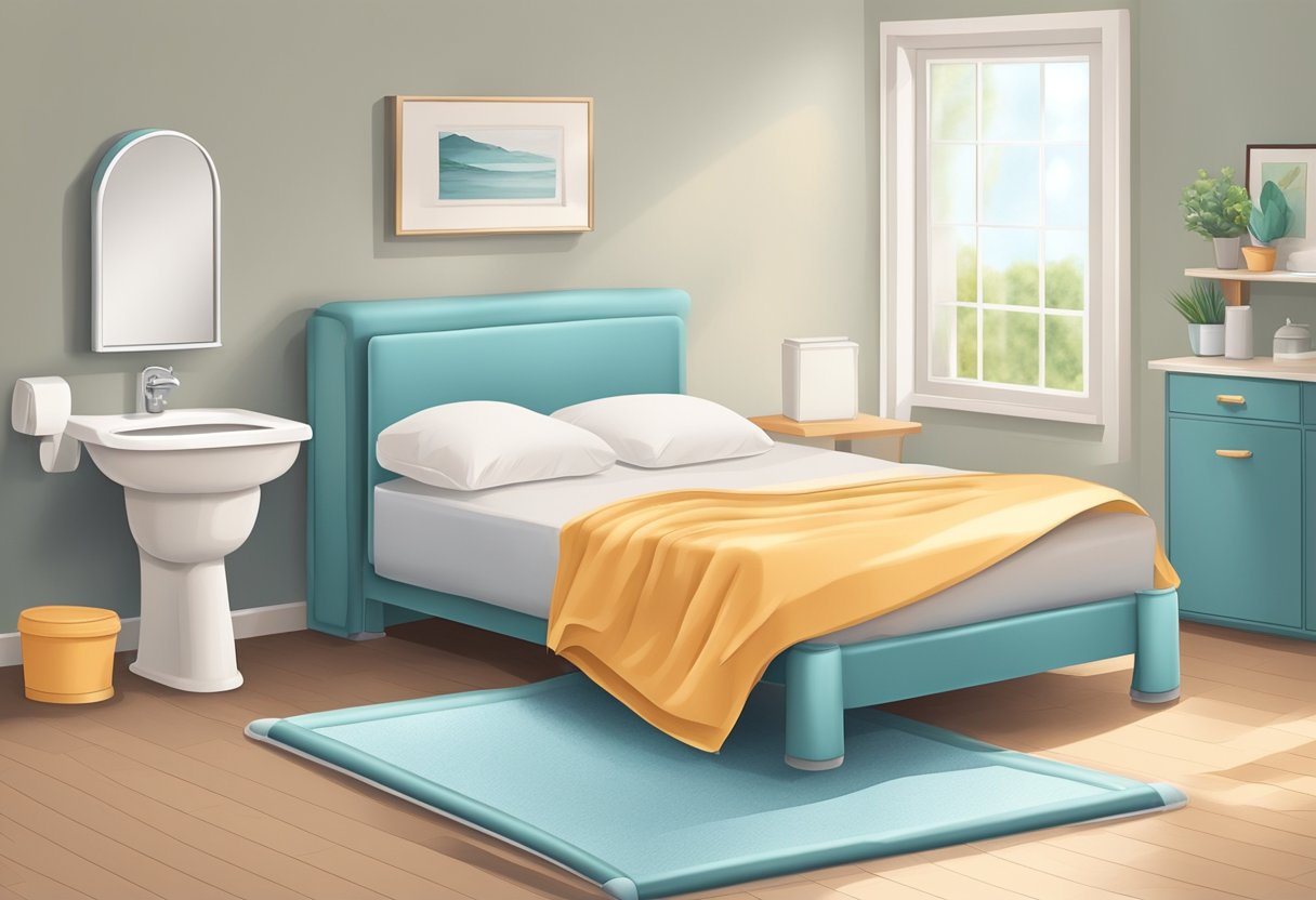 Chambre pour personnes âgées avec sol antidérapant, siège de toilette surélevé et barres d'appui. Protège matelas imperméable et alèses absorbantes sur le lit