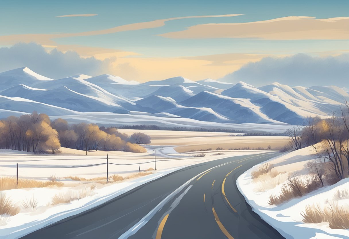 South Dakota: Desolate winter landscape with snow-covered hills and empty roads. Few tourists, serene atmosphere. Ideal for solitude and reflection
