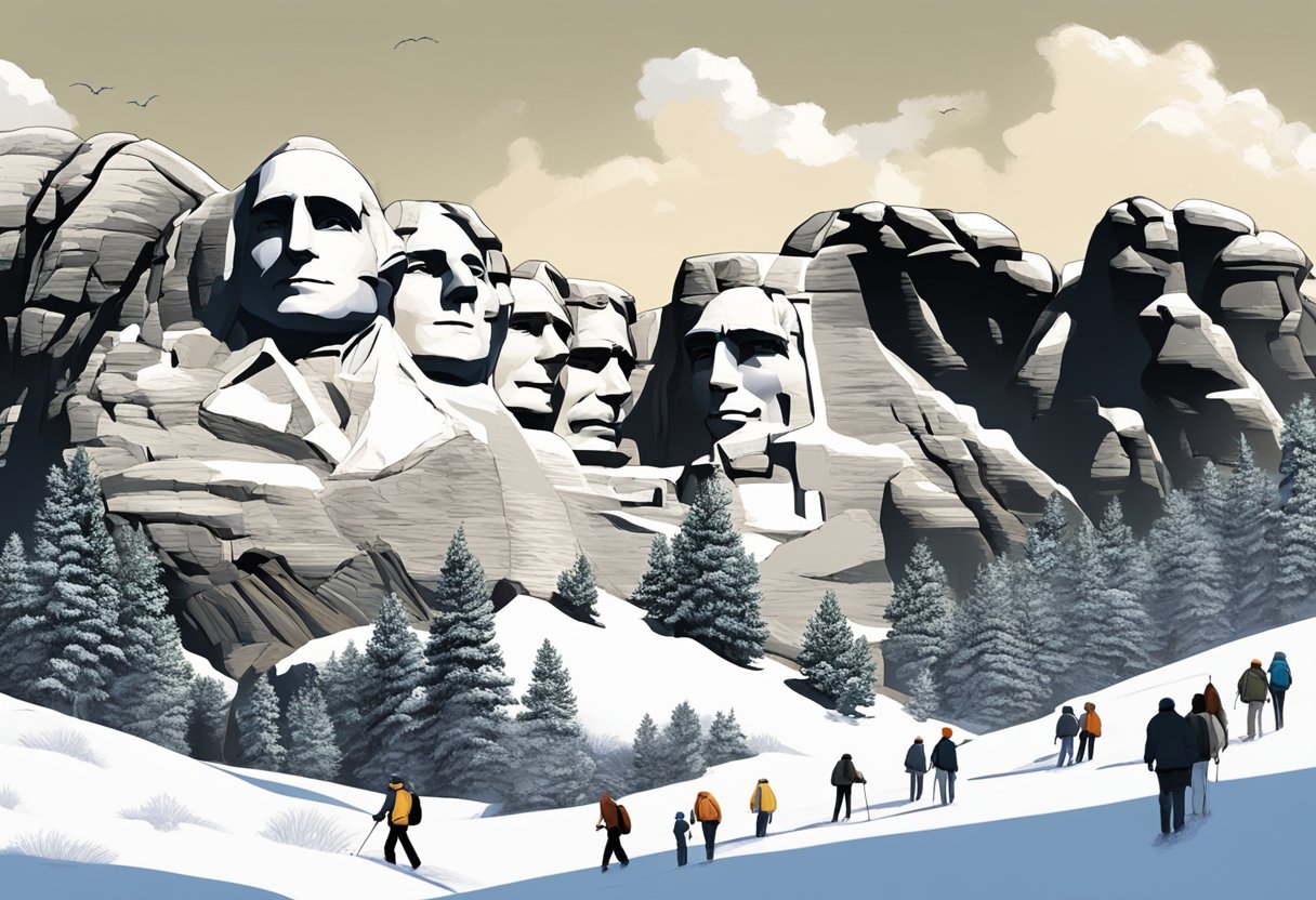 A bustling summer scene with tourists exploring Mount Rushmore and Badlands, contrasted with a serene winter landscape of snow-covered Black Hills and quiet prairies