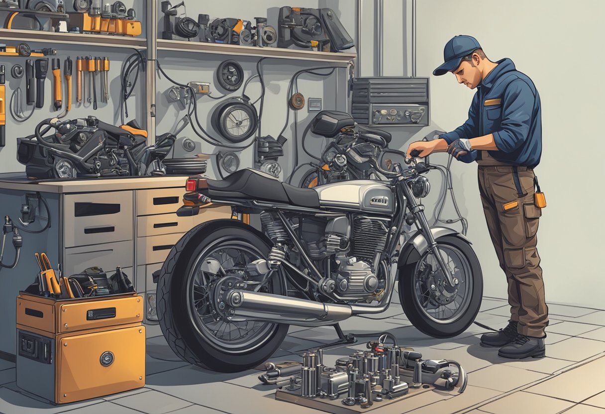 A mechanic examines a motorcycle's control module, surrounded by diagnostic equipment and repair tools