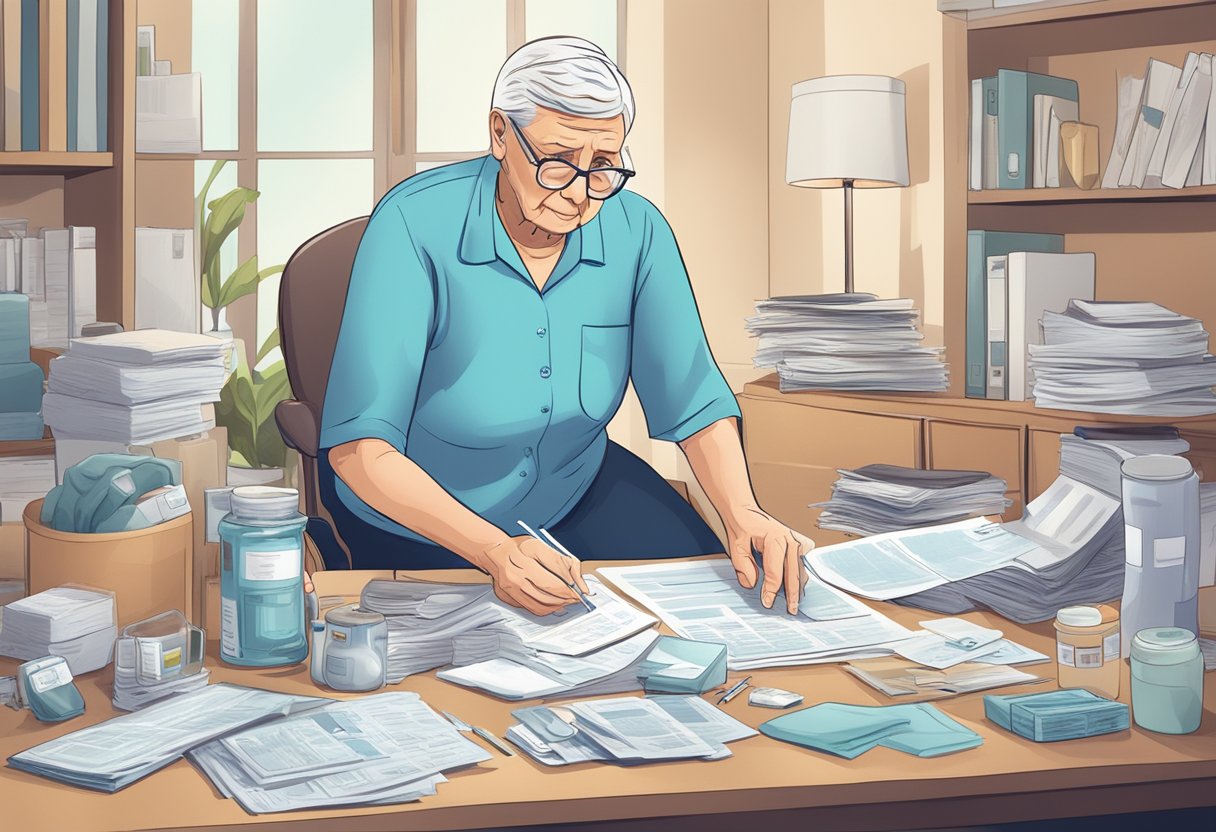 Elderly person struggling with incontinence, surrounded by expensive medical supplies and financial documents