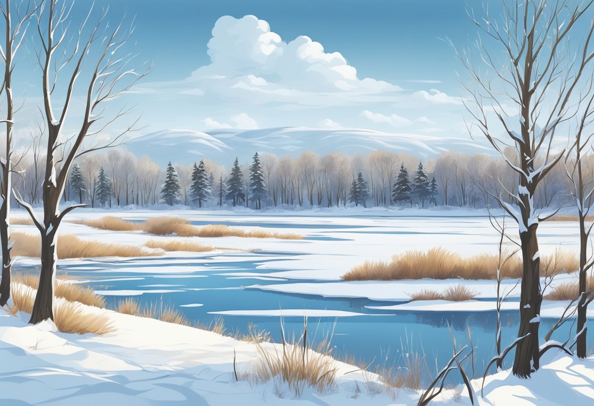 Snow-covered landscape with bare trees, frozen lakes, and clear blue skies. A mix of beauty and harshness, perfect for an illustrator to capture the coldest months in South Dakota