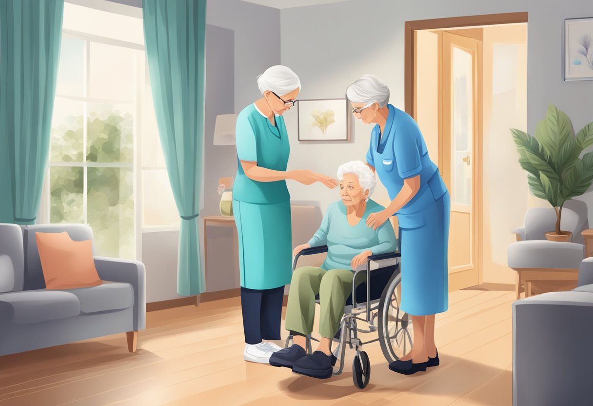 Elderly person receiving incontinence care from a caregiver in a home setting