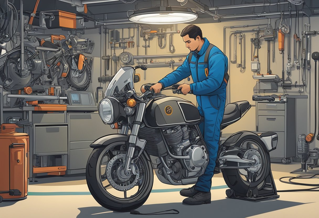 A mechanic is using diagnostic tools to troubleshoot a motorcycle's control module error P0610.

The mechanic is surrounded by tools and equipment, with the motorcycle positioned on a lift for easy access