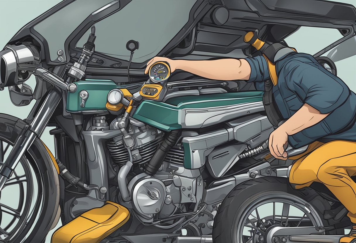 A mechanic using diagnostic tools to fix a motorcycle with error code P0610