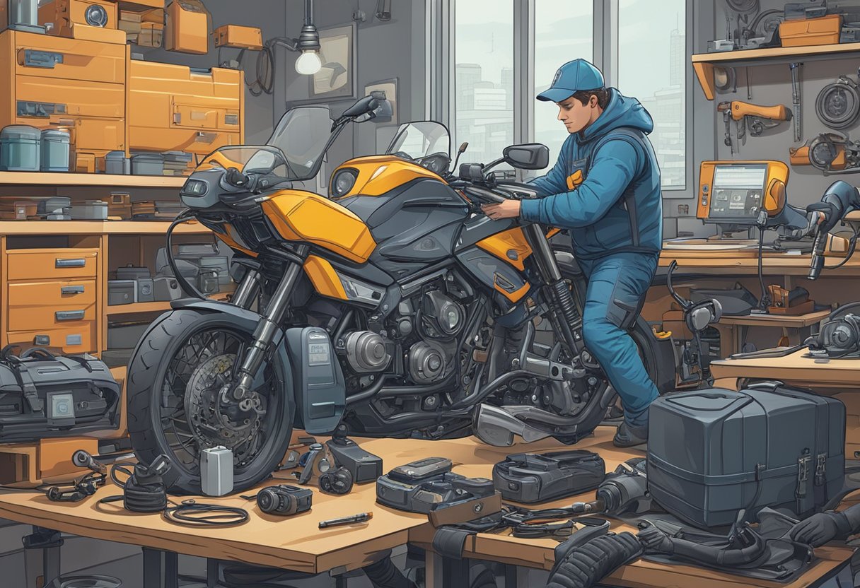 A mechanic connects a diagnostic tool to a motorcycle's control module, analyzing error code P0610.

Various tools and resources are scattered around the workspace