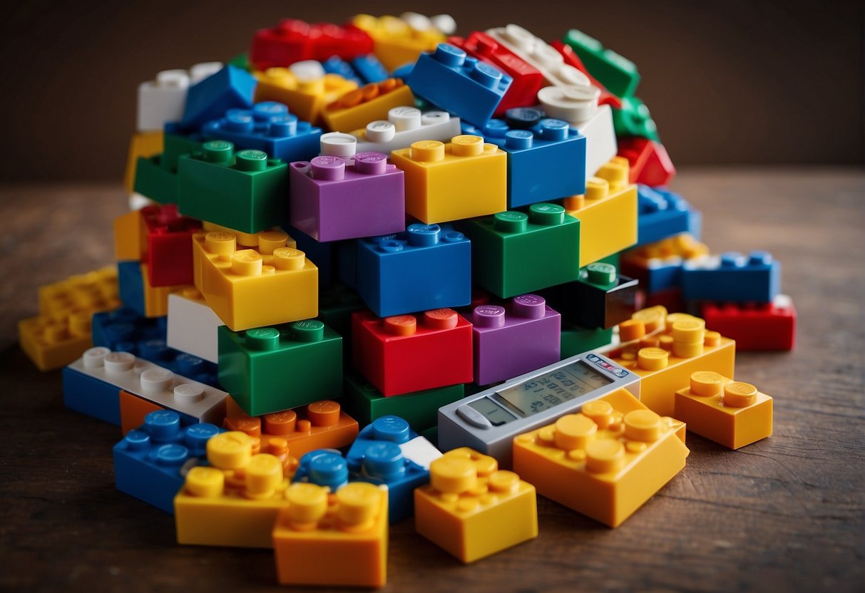 A pile of colorful Lego bricks sits on a table, with price tags and a calculator nearby. A chart shows factors influencing Lego value