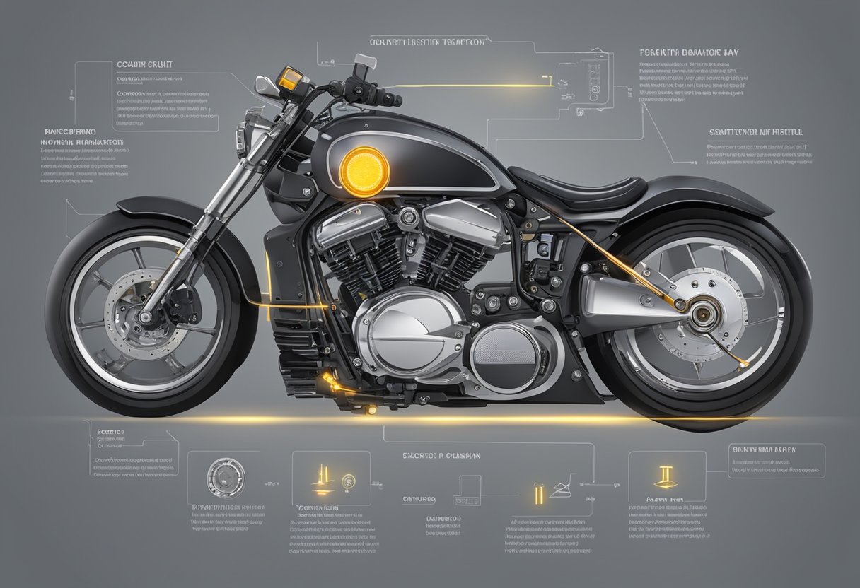 A motorcycle dashboard with a lit up malfunction indicator lamp and surrounding control circuit components