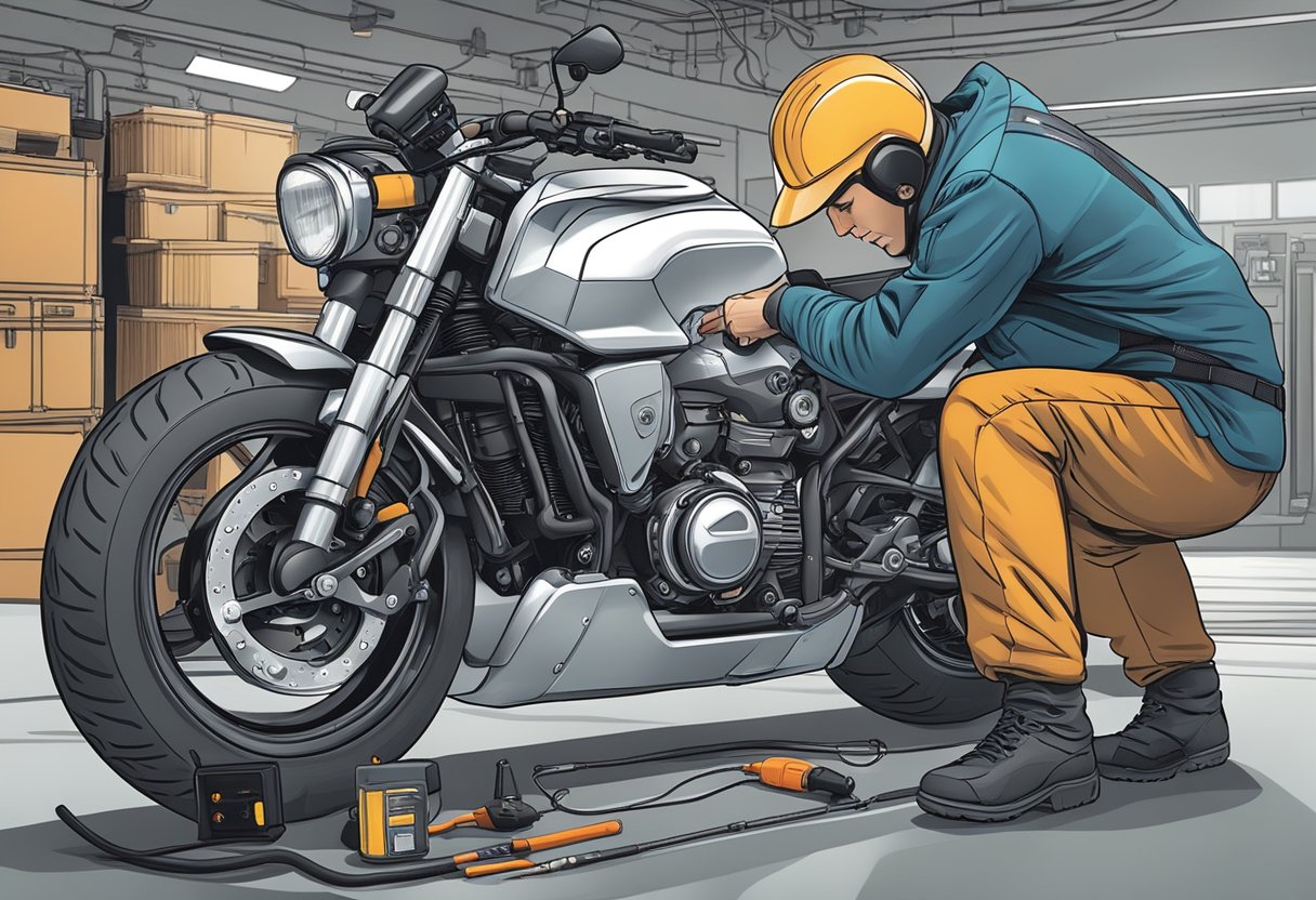 A motorcycle with a lit malfunction indicator lamp (MIL) and a technician using diagnostic tools to troubleshoot the control circuit malfunction