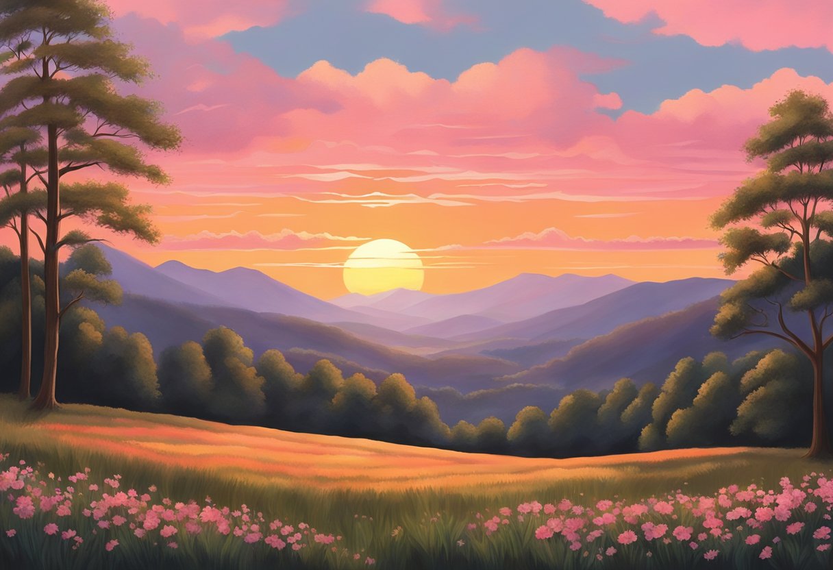 The sun sets behind the mountains, casting a warm glow over the rolling hills and lush greenery of Georgia. The sky is painted in shades of pink and orange, creating a tranquil and picturesque scene