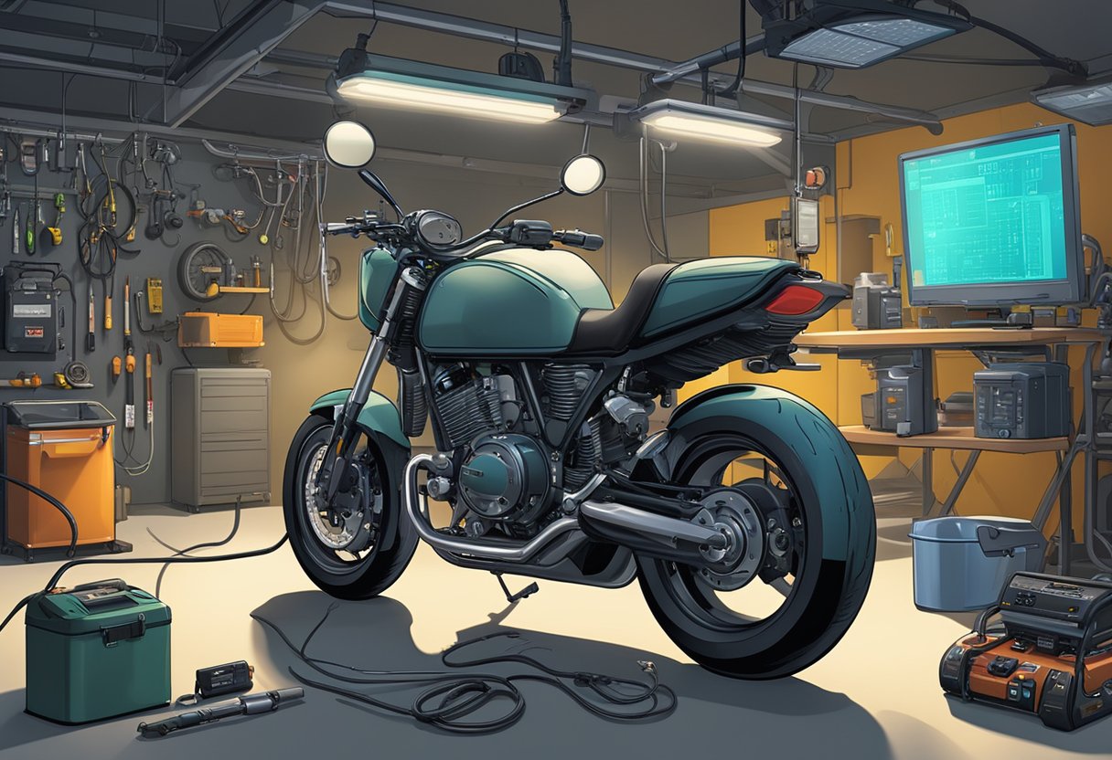 A motorcycle parked in a garage with the hood open, surrounded by diagnostic equipment and tools.

The error code P0690 displayed on a screen, while a technician examines the power relay circuit