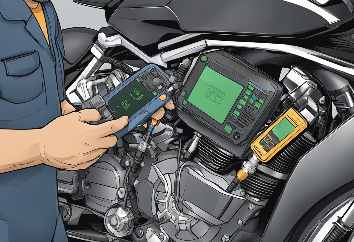 A motorcycle with a diagnostic tool connected to the ECM/PCM.

A mechanic examines the power relay sense circuit for errors