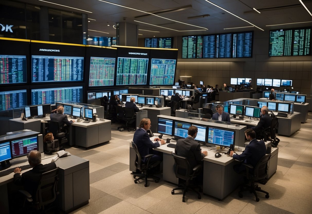 A bustling stock exchange floor with traders exchanging information, large screens displaying Lego stock value, and a strong market presence