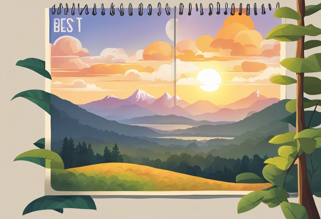 The sun sets behind a mountain range, casting a warm glow over a lush landscape. A calendar with "Best & Worst Time to Visit Georgia" is prominently displayed