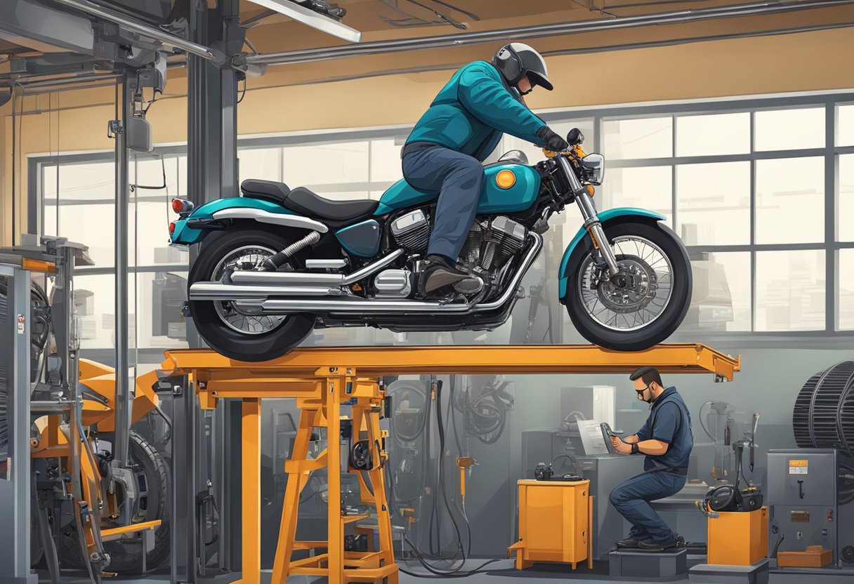 Motorcycle on lift with mechanic checking wiring near transmission