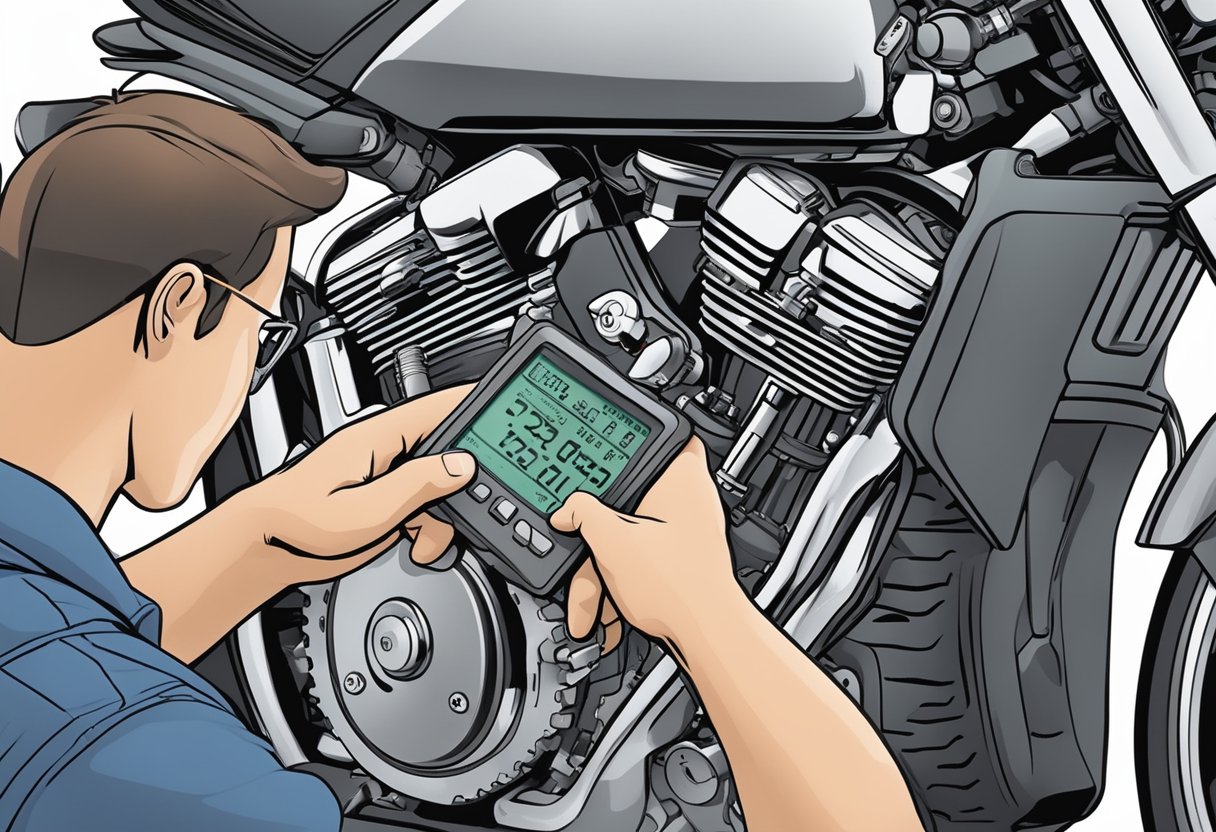 A mechanic examines a motorcycle's diagnostic display showing error code P0730: Incorrect Gear Ratio