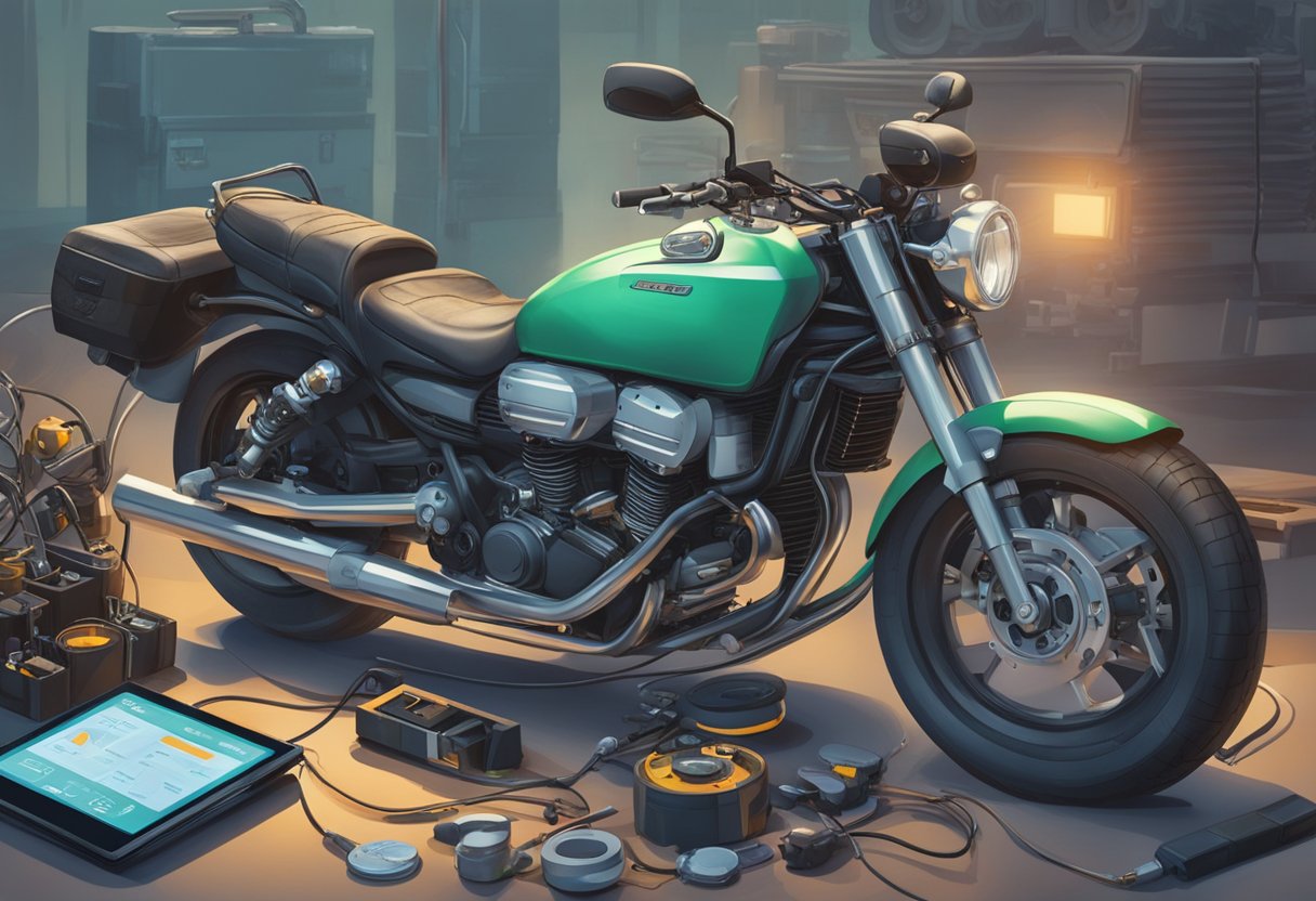 A motorcycle connected to a diagnostic tool displaying error code P0730.

Tools and equipment scattered around the scene