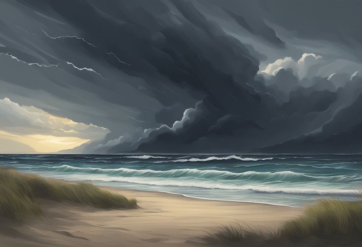 A stormy evening at a deserted beach with crashing waves and dark clouds looming overhead