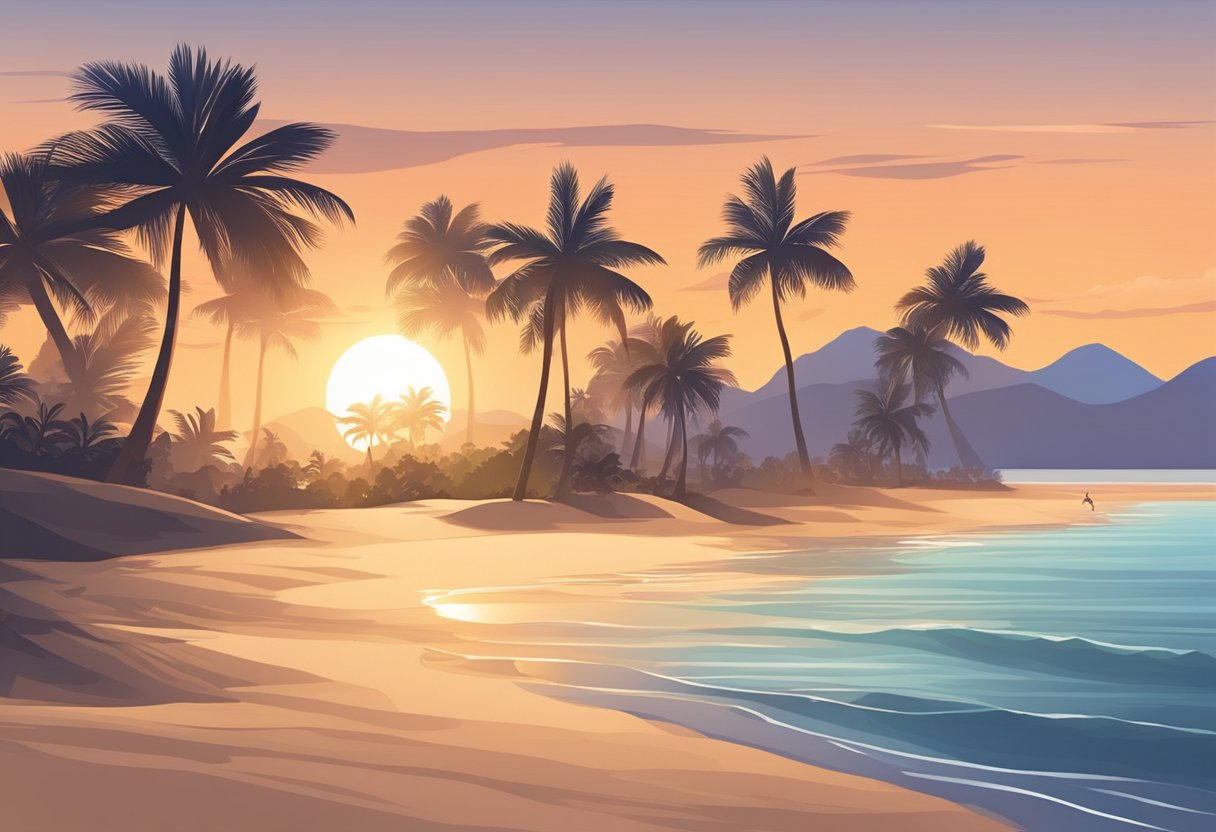 The sun sets over a serene beach, with calm waves lapping at the shore. Palm trees sway gently in the breeze, casting long shadows on the sand