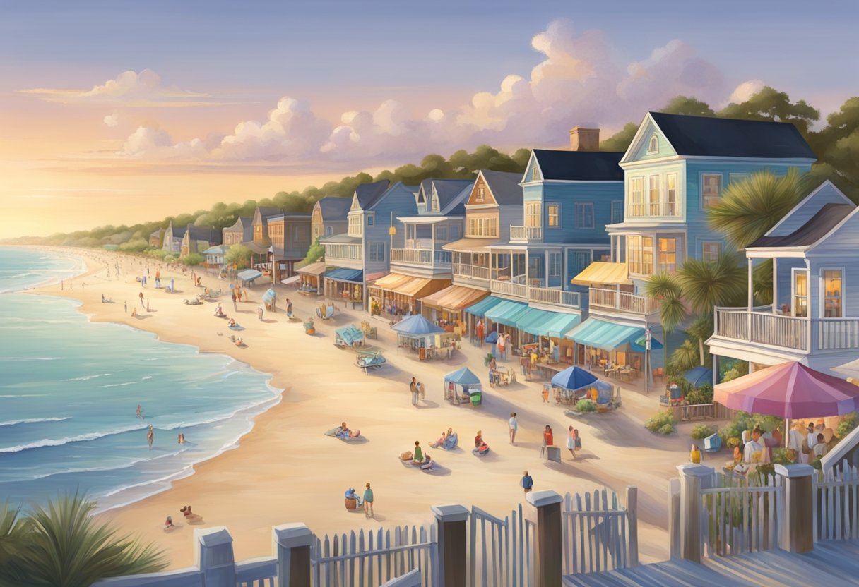 A bustling South Carolina beach town in peak summer, with crowded streets and packed beaches, contrasted with a serene and quiet coastal scene in the off-season