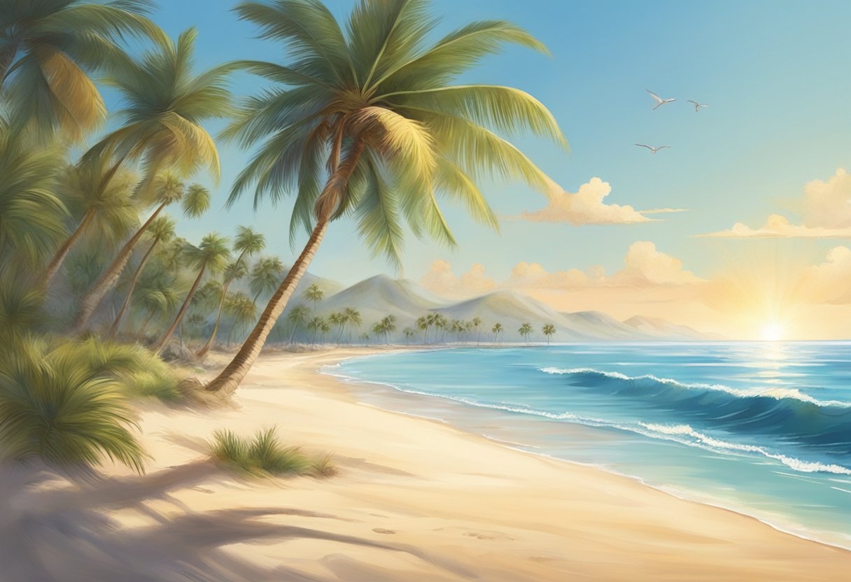 The sun blazes over a sandy beach, with palm trees swaying in the breeze. Tourists seek shade as the heat reaches its peak, while others cool off in the sparkling ocean