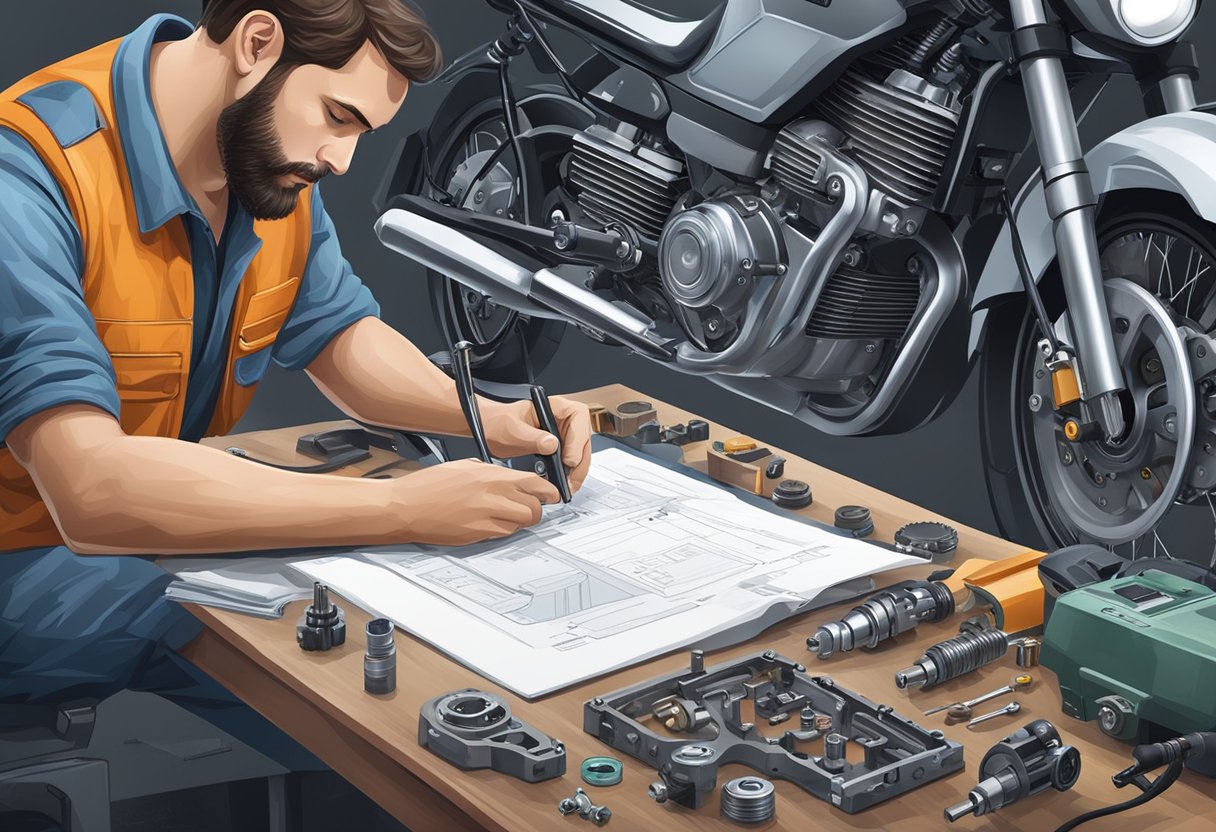 The mechanic examines the motorcycle's transmission system, analyzing the error code P0780.

Tools and diagnostic equipment are scattered on the workbench