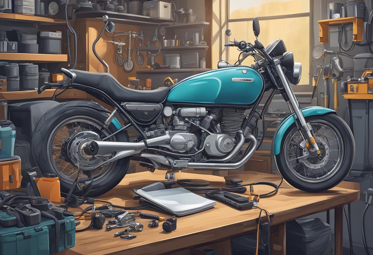 An expert mechanic diagnosing a motorcycle's shift malfunction with diagnostic equipment and tools