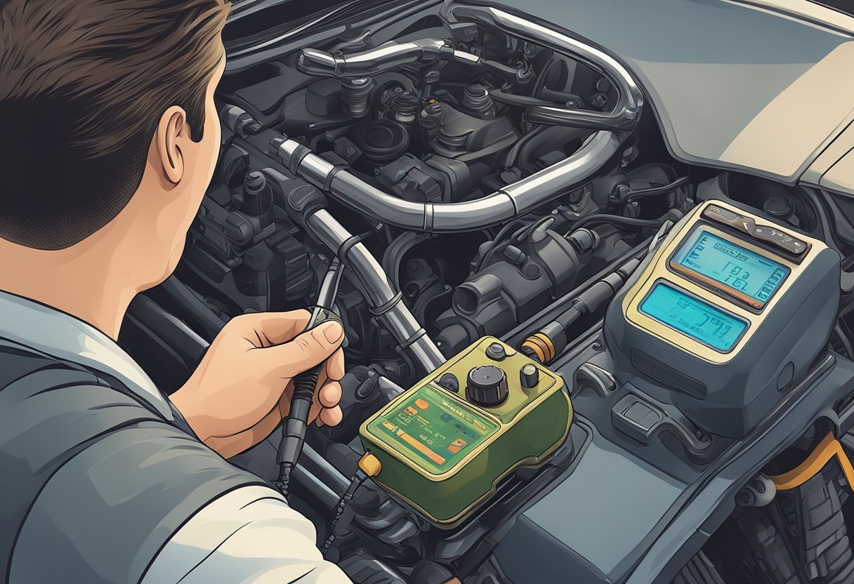 A mechanic examines a motorcycle's clutch pedal switch with a diagnostic tool, displaying error code P0833