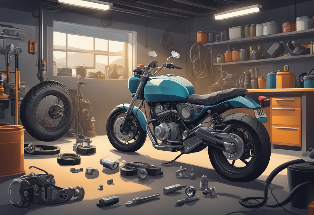 A motorcycle parked in a garage with a mechanic inspecting the transmission fluid pressure sensor.

Tools and diagnostic equipment are scattered around the area