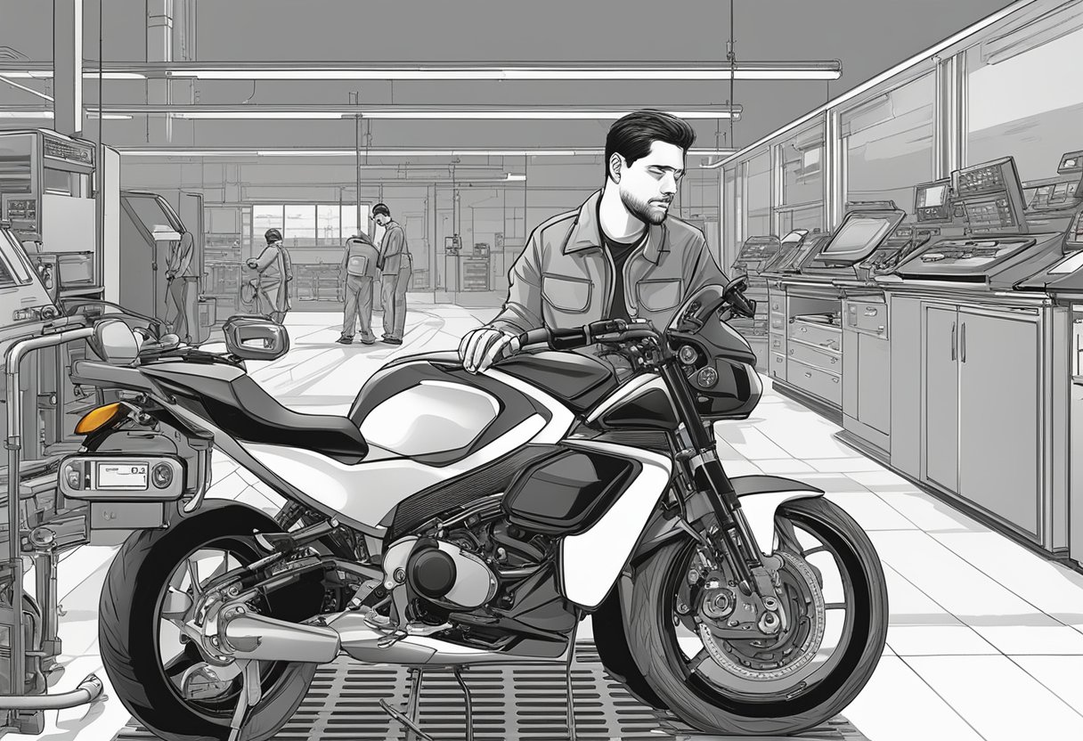 A motorcycle parked in a diagnostic bay with a technician using a diagnostic tool to test the park/neutral switch input circuit for error code P0850