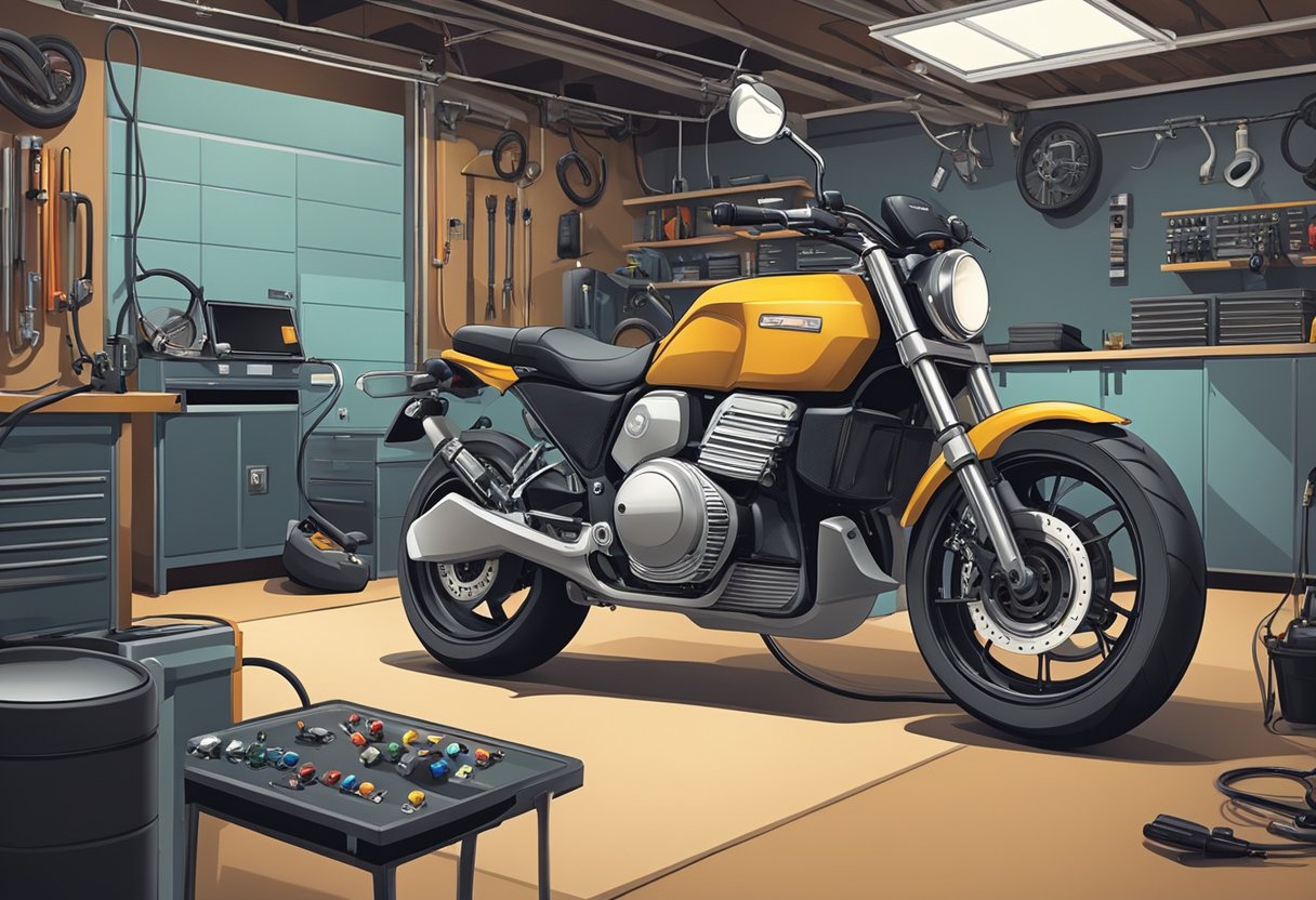 A motorcycle parked in a garage with a mechanic diagnosing an error code P0850 on a diagnostic tool connected to the bike's electrical system