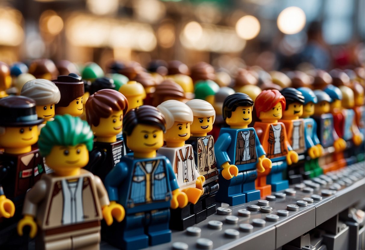 A colorful display of Lego minifigures arranged in rows with price tags, surrounded by eager shoppers and a bustling market atmosphere