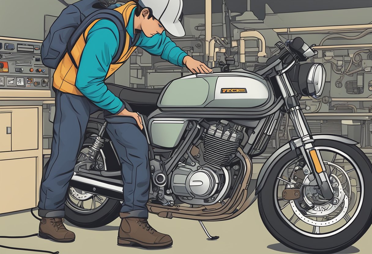 A mechanic checks a motorcycle's diagnostic system for error code P0882, focusing on the TCM power input signal