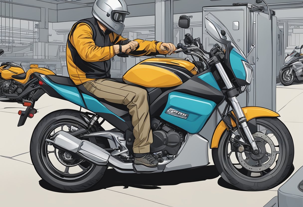 A technician connects diagnostic equipment to a motorcycle's TCM to troubleshoot error code P0882