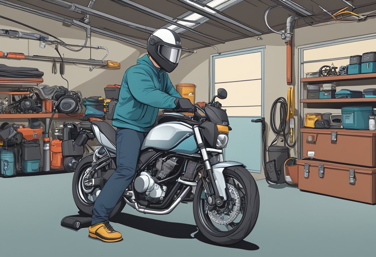 A motorcycle parked in a garage with the hood open, showing the TCM module and surrounding components.

A person holding a diagnostic tool is checking the power input signal