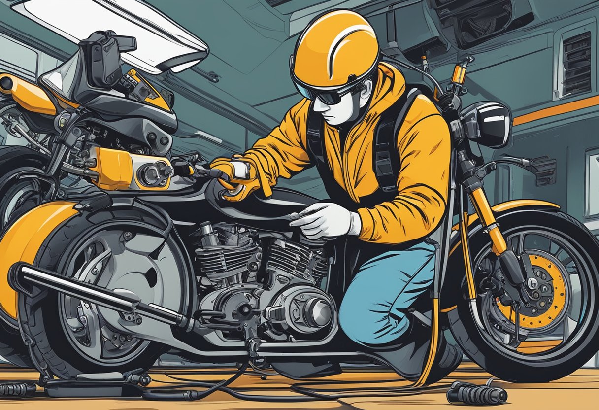 A mechanic checks motorcycle wiring for error code P0882, using a multimeter to test TCM power input signal